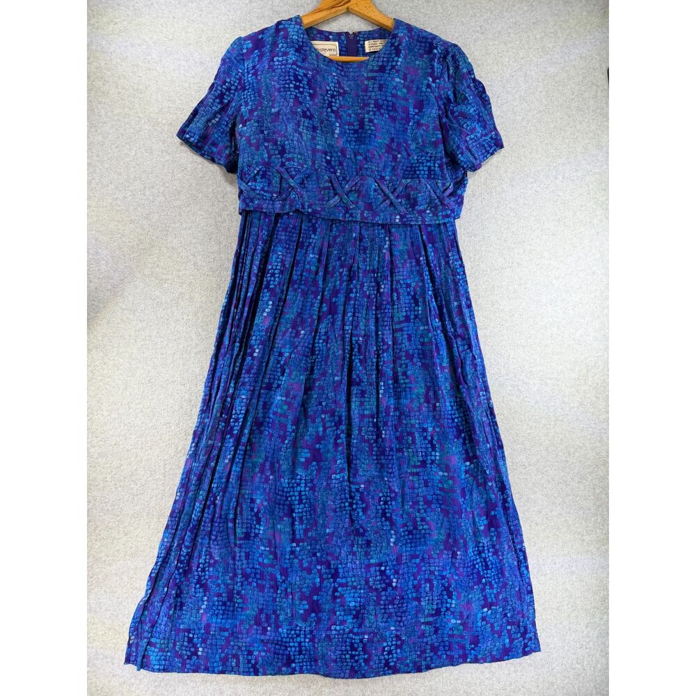 Vintage Karin Stevens Blue Purple Rayon Pleated Midi Dress Size 8 3373